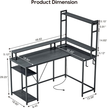 L Shaped Desk with Monitor Stand & Hutch, Computer Gaming Desk with LED Lights & Power Outlets, Home Office Coner Desk with Adjustable Storage Shelves, Black