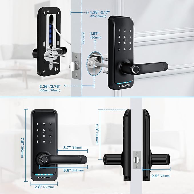 Smart Door Lock with Handle: Kucacci Keyless Entry Digital Door Lock for Front Door - Fingerprint Keypad Smart Dnob - Generate Passcode Remotely - App Control - Easy Installation(Black)