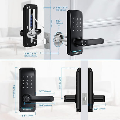 Smart Door Lock with Handle: Kucacci Keyless Entry Digital Door Lock for Front Door - Fingerprint Keypad Smart Dnob - Generate Passcode Remotely - App Control - Easy Installation(Black)