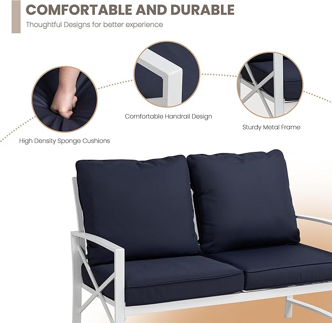 Shintenchi 5 Piece Outdoor Furniture Sets, White Metal Sofa Conversation Sets with Loveseat, Two Single Chairs and Two Coffee Tables for Backyard, Patio, Balcony, Poolside (Dark Blue)