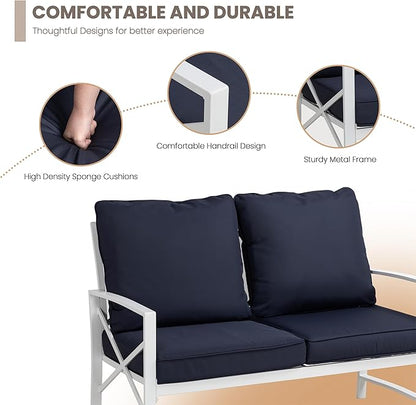 Shintenchi 5 Piece Outdoor Furniture Sets, White Metal Sofa Conversation Sets with Loveseat, Two Single Chairs and Two Coffee Tables for Backyard, Patio, Balcony, Poolside (Dark Blue)