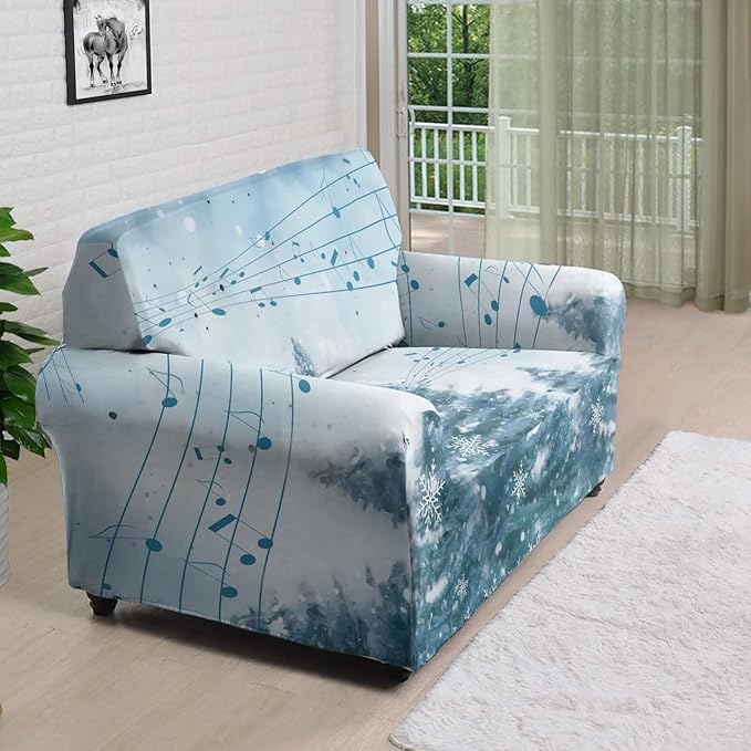 FKELYI Blue Christmas Tree Easy Going Stretch Sofa Slipcover Snow Sofa Couch Cover with Elastic Bottom Stretch Sofa Slipcovers M