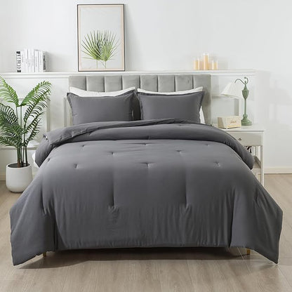 Dark Gray Comforter Set Queen, Solid Grey Down Alternative Bedding Comforter Set, Breathable Fluffy Microfiber Comforter Set (90"x90") for All Seasons with Pillowcase…