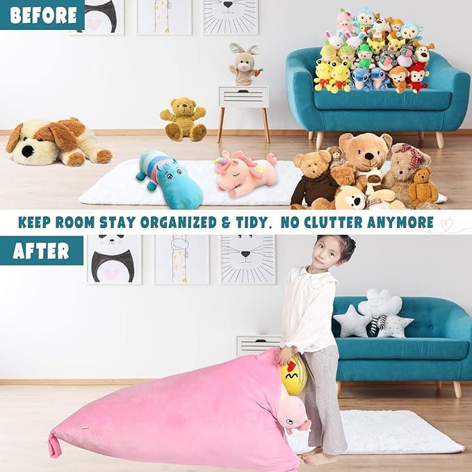Stuffed Animal Storage Bean Bag Chair Cover, Velvet Pink Plush Toy Storage Stuff and Sit Seat Organizer for Kids/Teens/Adults, 52" x 31" Extra Large Triangle Floor Sofa, 200L/52Gal,Cover Only