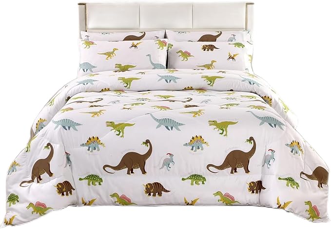 MAG 3Pcs Dinosaur Comforter Set,White Base Full Bedding Comforter Set,for Toddlers Kids,Boys Teens and Girls,Super Soft Microfiber, Full Size (1 Comforter + 2 Pillowcases)