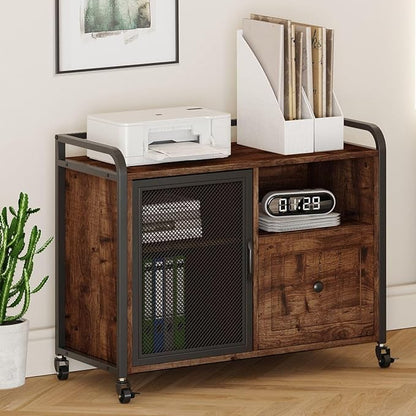 BON AUGURE Filing Cabinet for Home Office, Rolling Lateral File Cabinet with Storage, Wood Metal Printer Stand with Drawer (Rustic Oak)