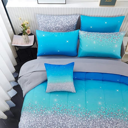 inron 4Pcs Aqua Gradient Twin Bedding Sets for Girls,Aqua Glitter All-Season Girls Comforter Set, Ultra Soft Girls Bedding Set(Aqua,Twin)
