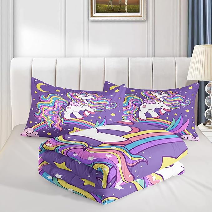 Unicorn Comforter King Size,Rainbow Unicorn Comforter Set for Kids Teens Girls,3Pcs Bedding Set Printed Comforter with 2 Pillowcases,Down Alternative,Soft and Lightweight(Purple，King Size)