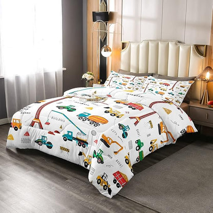 Heavy Machinery Truck Bedding Set Tractor Crane Comforter Set for Kids Boys Girls Youth Construction Site Comforter Nursery Decor Quilt Set Room 3Pcs Full Size
