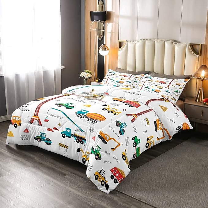 Feelyou Heavy Machinery Truck Bedding Set Tractor Crane Comforter Set for Kids Boys Girls Youth Construction Site Comforter Nursery Decor Quilt Set Room 2Pcs Twin Size