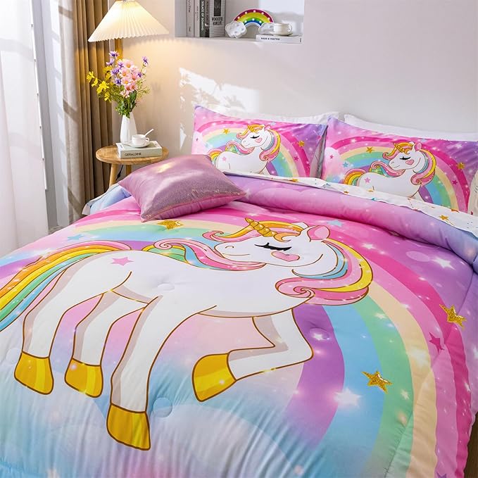 Aimuan Girls Unicorn Comforter Set 6 Pieces Pink Purple Bedding Set with Rainbow Star Galaxy Stars Fantasy Children Room Decor Soft Reversible Bed Sets for Boys/Girls/Teens (Rainbow Full6Pcs)