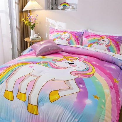 Aimuan Girls Unicorn Comforter Set 6 Pieces Pink Purple Bedding Set with Rainbow Star Galaxy Stars Fantasy Children Room Decor Soft Reversible Bed Sets for Boys/Girls/Teens (Rainbow Full6Pcs)