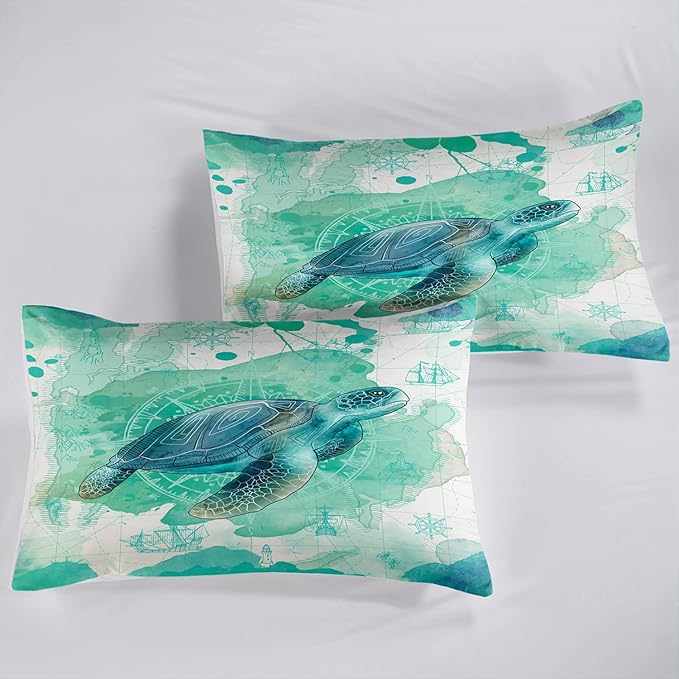 CVHOUSE Sea Turtle Bedding Set,Sea Turtle Comforter King,Ocean Bohemia Comforter Set for Boys Kids Girls,Ocean Quilt Set with 1 Comforter and 2 Pillow Cases