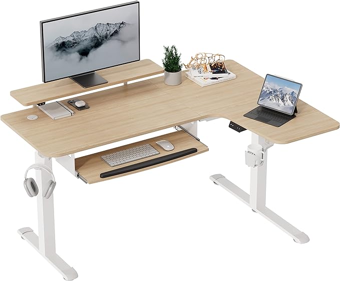 EUREKA ERGONOMIC Standing Desk Adjustable Height 61" Electric Sit Stand Computer Desk L Shaped with Keyboard Tray,Monitor Stand &LED, Dual Motor Memory Presets Sit to Desk Adjustable Desk, Right/Maple