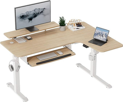 EUREKA ERGONOMIC Standing Desk Adjustable Height 61" Electric Sit Stand Computer Desk L Shaped with Keyboard Tray,Monitor Stand &LED, Dual Motor Memory Presets Sit to Desk Adjustable Desk, Right/Maple