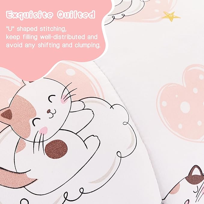 Cat Kids Comforter Set for Girls Twin, Cute Quilted Pink Heart Printed Bedding Set with Pillow Sham, Lightweight Soft Breathable Machine Washable Bed Set 2 Piece
