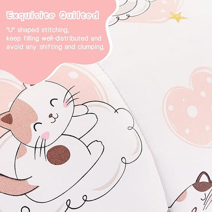 Cat Kids Comforter Set for Girls Twin, Cute Quilted Pink Heart Printed Bedding Set with Pillow Sham, Lightweight Soft Breathable Machine Washable Bed Set 2 Piece