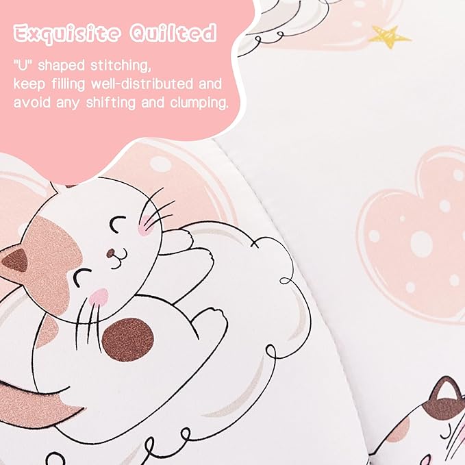 Cat Kids Comforter Set for Girls Full Size, Cute Quilted Pink Heart Printed Bedding Set with Pillow Sham, Lightweight Soft Breathable Machine Washable Bed Set 3 Piece