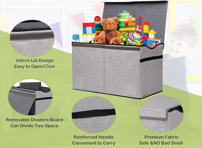 Toy Box Chest, Collapsible Sturdy Storage Bins with Lids, Extra Large Kids Toy Storage Organizer Boxes Bins Baskets for Kids, Boys, Girls, Nursery Room, Playroom, Closet (Fine Linen Gray)