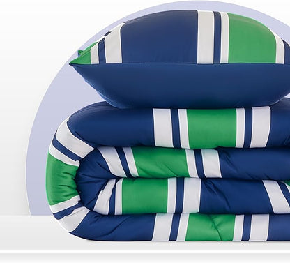 SLEEP ZONE Teens Boys Green Navy Stripe Kids Jersey Knit Comforter Set, Cute & Soft Bedding Set 2 Pieces with Comforter and Pillowcase, Washable, Easy Care (Rugby Stripe Navy/Green, Twin)