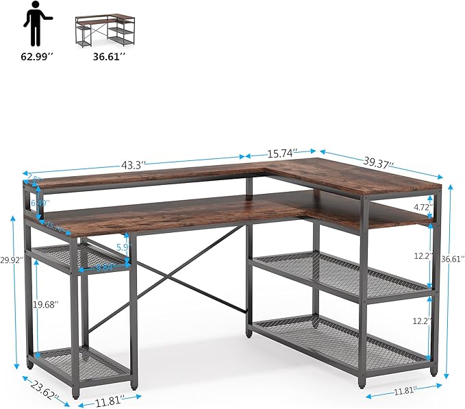 Tribesigns L Shaped Desk with Storage and Monitor Stand, Industrial Home Office Computer Desk with Storage Shelves, 59 Inch Corner Desk with Monitor Shelf(Brown)