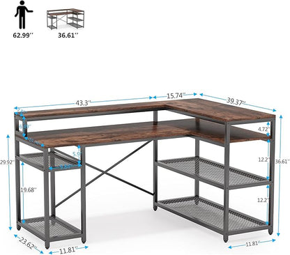 Tribesigns L Shaped Desk with Storage and Monitor Stand, Industrial Home Office Computer Desk with Storage Shelves, 59 Inch Corner Desk with Monitor Shelf(Brown)