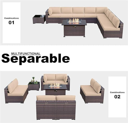 Kullavik 10 Pieces Outdoor Patio Furniture Set with 43" Gas Propane Fire Pit Table PE Wicker Rattan Sectional Sofa Patio Conversation Sets,Sand