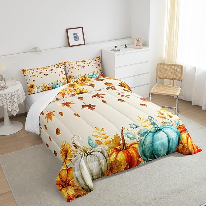 Fall Pumpkin Bedding Set For Home Queen Thanksgiving Harvest Season Fruit Decor Comforter Set Autumn Fall Maple Leaf Quilt Comforter for Kids Teen Adults,Rustic Farm Sunflower Bed Sets 2 Pillow Cases