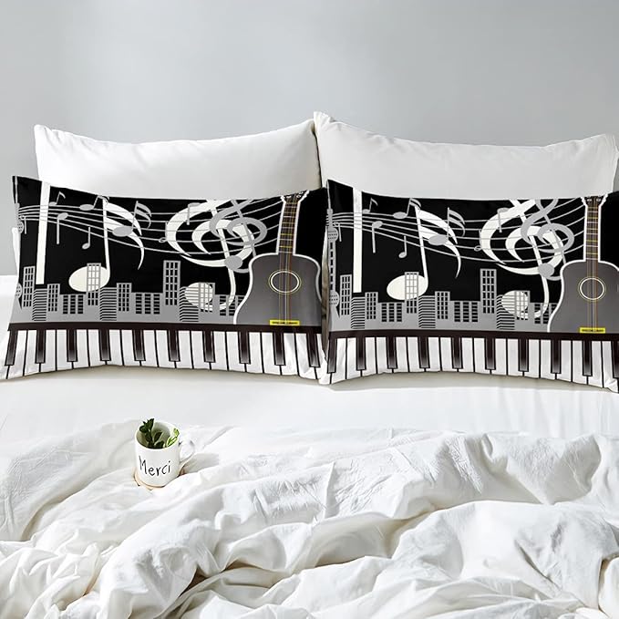Erosebridal Paino Keys Bedding Set Full Size Musical Notes Comforter Set Guitar Rock Music Bedding Comforter for Kids Boys Teens Men Retro Black White Grey Down Comforter Bedroom Decor 3 Piece
