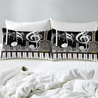 Erosebridal Paino Keys Bedding Set Full Size Musical Notes Comforter Set Guitar Rock Music Bedding Comforter for Kids Boys Teens Men Retro Black White Grey Down Comforter Bedroom Decor 3 Piece