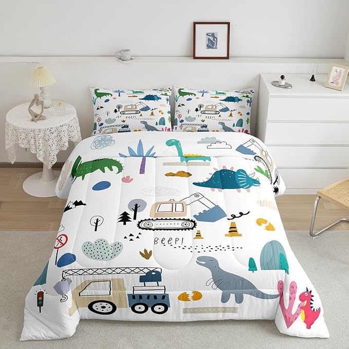 Cartoon Car Comforter Set King Size, Kawaii Dino Bedding For Child, Machinery Trucks Construction Vehicle Cartoon Dinosaurs Bedding Comforter Sets, Cute Wild Animal Equipment Blue Gray Green Quilt