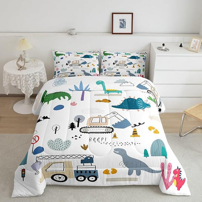 Cartoon Car Comforter Set King Size, Kawaii Dino Bedding For Child, Machinery Trucks Construction Vehicle Cartoon Dinosaurs Bedding Comforter Sets, Cute Wild Animal Equipment Blue Gray Green Quilt