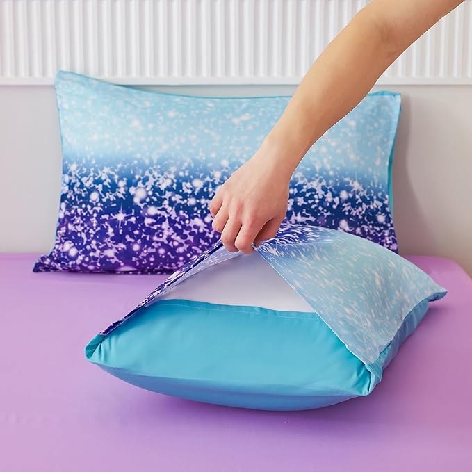 PERFEMET Blue Purple Girls Twin Comforter Set with Sheets, 6Pcs Glitter Tie Dye Rainbow Kids Girls Bedding Sets, Sparkle Gradient Ombre Bed in A Bag for Bedroom Decor