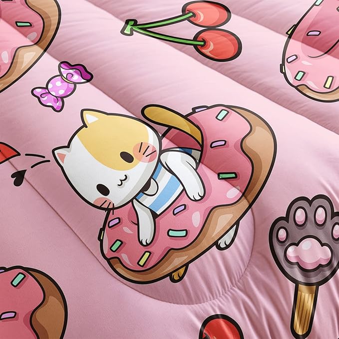 Kawaii Cat Comforter Full Size,Doughnut Cherry Cat Comforter Set for Kids Teens Girls,3Pcs Bedding Set Printed Comforter with 2 Pillowcases,Soft and Lightweight(Pink，Full Size)