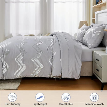 Wowelife Gray Comforter King Size 7 Pieces Silver Glitter Kids Bedding Set Bed in a Bag for Girls with Comforter, Flat Sheet, Fitted Sheet and 2 Pillowcases