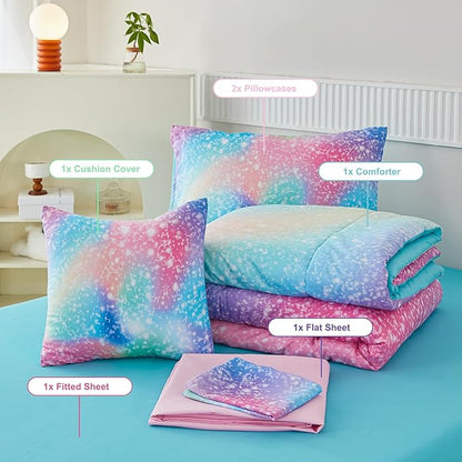 PERFEMET Rainbow Queen Girls Bedding Set, 6 Pieces Glitter Pink Green Comforter for Queen Size Bed, Colorful Tie Dye Ombre Teen Girls Bed in A Bag Comforter Set with Sheets
