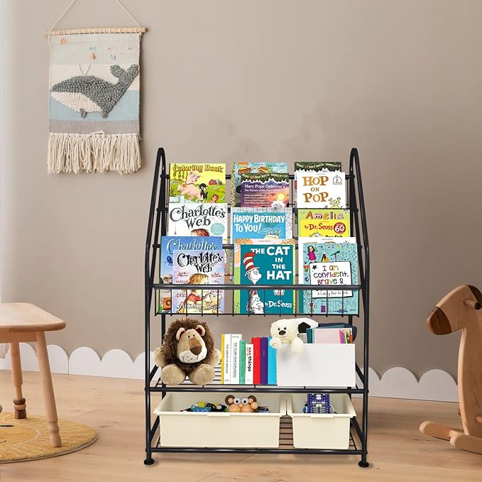 aboxoo Metal Kids Bookshelf Black Toy Chests & Organizers Large Freestanding for Children Toy Chests & OrganizersRoom 25 in Toy Organizer Large Stable Bookcase Bookstore Library Bed Living Room