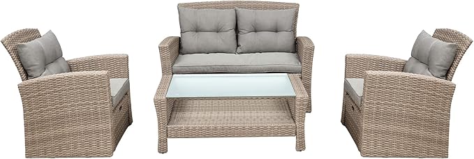 4-Piece Outdoor Patio Furniture Sets, All Weather Wicker Sectional Sofa Loveseat with Ottoman, Soft Cushions&Glass Table w/Shelf, Conversation Couch for Garden Backyard Poolside Deck, Gray