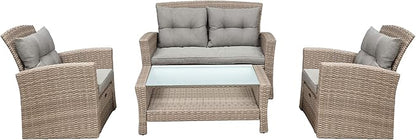 4-Piece Outdoor Patio Furniture Sets, All Weather Wicker Sectional Sofa Loveseat with Ottoman, Soft Cushions&Glass Table w/Shelf, Conversation Couch for Garden Backyard Poolside Deck, Gray