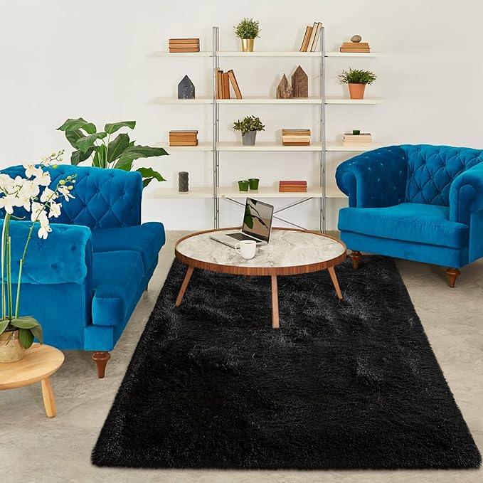 Super Soft Fluffy Shaggy Rugs 6x9 Feet for Living Room Bedroom, Fuzzy Plush Area Rugs for Girls Kids Room Nursery Home Decor, Furry Dorm Rug Cute Non-Slip Indoor Floor Carpet, Black
