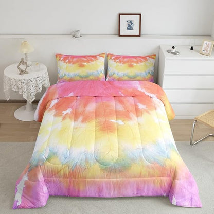Boho Comforter Set Spiral Tye Dye Pattern 3pc Down Comforter King Size Rainbow Bedding Sets with 2 Pillowcases Soft Comfortable Machine Washable,Trippy Psychedelic Gypsy Duvet Quilt Set for Teen Girl
