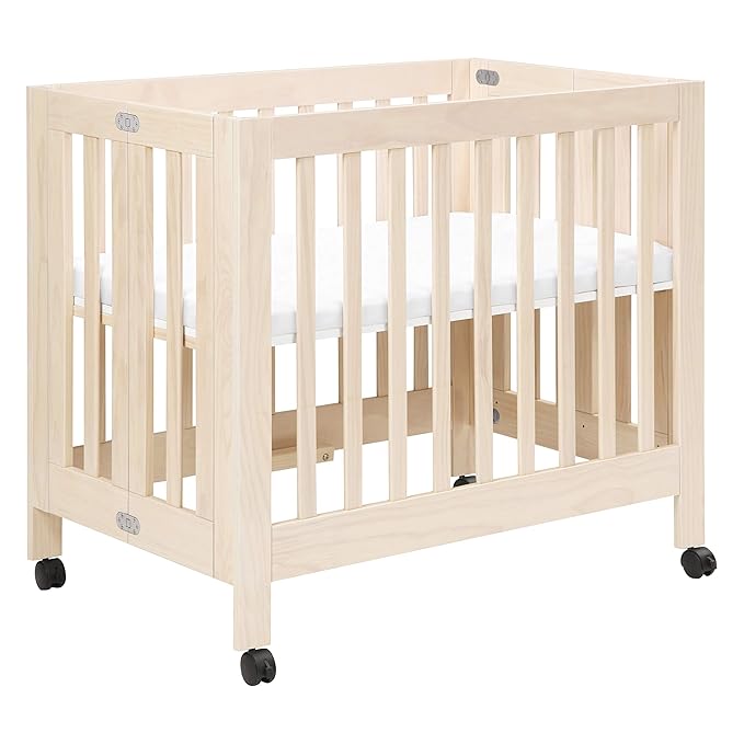 Babyletto Origami Mini Portable Crib Folding with Wheels in Washed Natural, 2 Adjustable Mattress Positions, Greenguard Gold Certified
