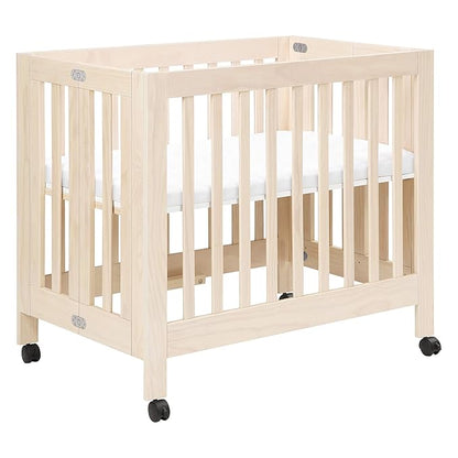 Babyletto Origami Mini Portable Crib Folding with Wheels in Washed Natural, 2 Adjustable Mattress Positions, Greenguard Gold Certified
