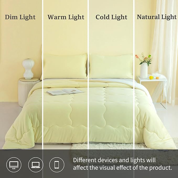 COTTEBED Reversible KING Bedding Comforter Set, Jersey Knit All Season Milk Cup Dual-Side Down Comforters, Super Soft Breathable Fluffy Lightweight Quilt & Pillow Shams(Yellow and White King/Cal King)