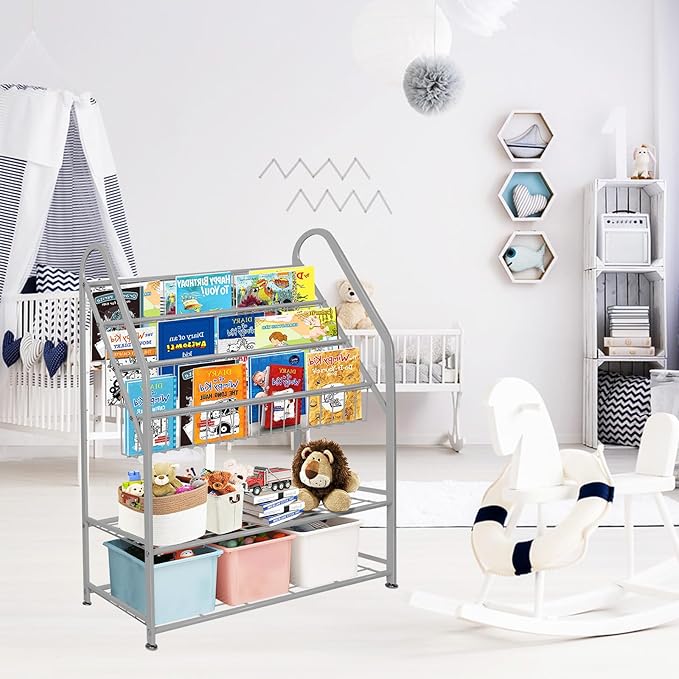 aboxoo Metal Kids Bookshelf Grey Bookcase LargeFreestanding for Children Room 32 in Toy Organizer Large Stable Bookcase Bookstore Library Book Unit Storage Kids Bed Living Room