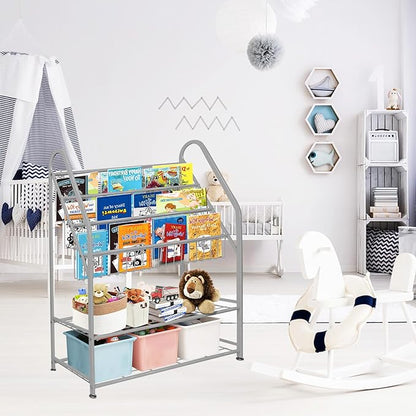 aboxoo Metal Kids Bookshelf Grey Toy Chests & Organizers Large Freestanding for Children Toy Chests & OrganizersRoom 25 in Toy Organizer Large Stable Bookcase Bookstore Library Bed Living Room