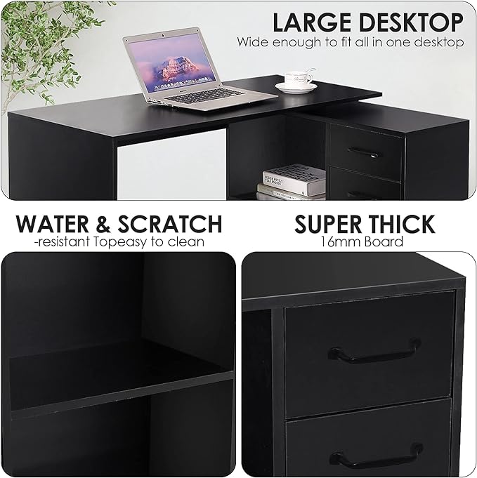 L-Shaped Rotating Computer Desk with Storage Shelves 68 inch Home Office Desk Corner with Drawers and File Cabinet Multipurpose Study Writing Table for Bedroom Small Space Black