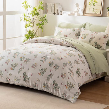 EMME Queen Comforter Set - Sage Green Floral Bedding Set 7 PCS with Flowers Leaves Pattern, Soft Plant Printed Botanical Bed Set with Sheets, Fluffy Bed Bag for All Season(90"X90")
