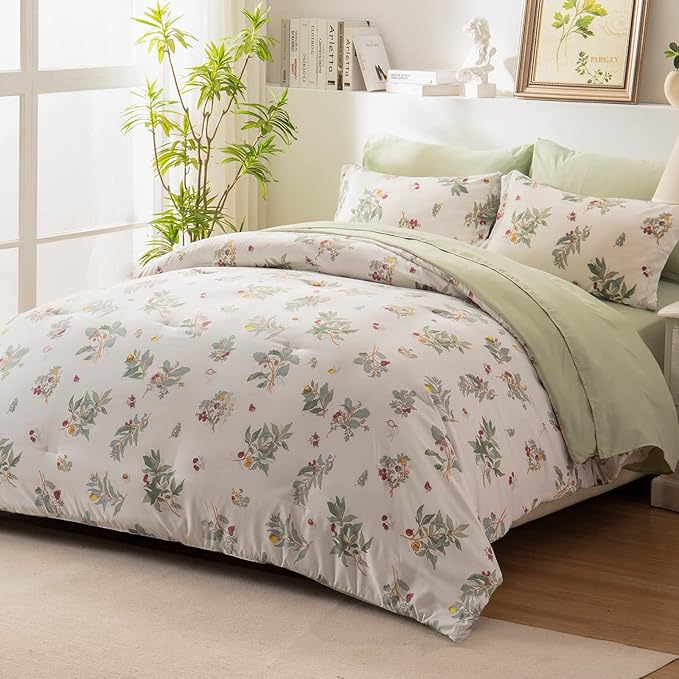 EMME Twin Comforter Set - Sage Green Floral Bedding Set 5 PCS with Flowers Leaves Pattern, Soft Plant Printed Botanical Bed Set with Sheets, Fluffy Bed Bag for All Season(68"X90")