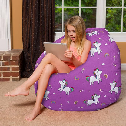 Posh Creations Bean Bag Chair for Kids, Teens, and Adults Includes Removable and Machine Washable Cover, 48in - X-Large, Canvas Unicorn and Rainbows on Purple